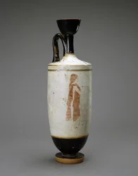 White Ground Lekythos z młodą kobietą przy grobie, 450-440 pne (terakota z białym podłożem)