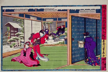 Scena z 9. aktu sztuki kabuki "Kanadehon Chushingura", opowieści o zemście opartej na incydencie z udziałem czterdziestu siedmiu roninów z 1703 r., ok. 1870 r. (kolorowy drzeworyt)