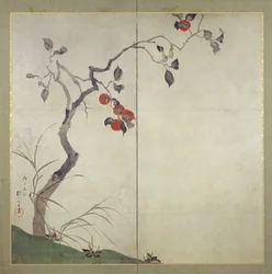 Persimmon on Tree (atrament, kolory i złoto na papierze)
