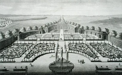 Widok Oranżerii w Geibach, rytowany przez Johanna Georga Pintza (1697-1767/8)