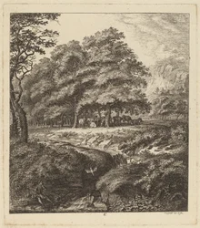 Bydło odpoczywające w zagajniku z mężczyzną siedzącym nad potokiem, 1764.
