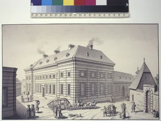 Cała strona: ukośny widok na oranżerię znajdującą się dawniej naprzeciwko pałacu ogrodowego Liechtensteinów w Rossau (rysunek piórkiem i tuszem)