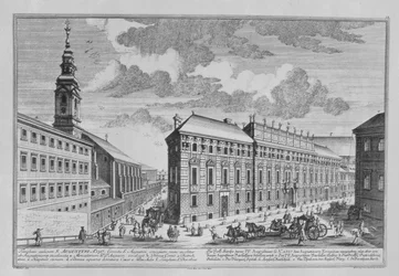 Widok Dorotheergasse przedstawiający Stallburg i kościół klasztorny Dorotheum wyryty przez Hieronymousa Sperlinga (1695-1777)