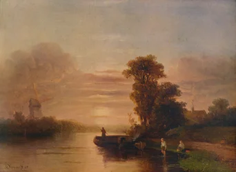 Zachód słońca nad rzeką, z wiatrakiem i domkiem, 1848, 1938