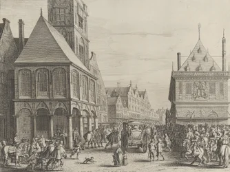 Urzędnicy miejscy żegnający się z Marią Medyceuszy przed ratuszem, od Caspara Barlaeusa..., 1638.