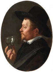""Portret mężczyzny trzymającego szklankę Roemera"" (Mężczyzna trzymający szklankę Roemera) Obraz Salomona de Bray (1597-1664) Olej na miedzi