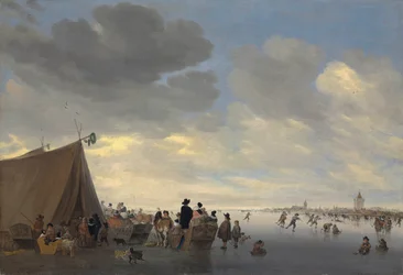 Łyżwiarze na zamarzniętej rzece Lek, dalej miasto Vianen, 1653