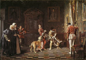 „” Powrót turnieju „” Młody rycerz zostaje sprowadzony do pałacu, podparty dwiema stronicami. Obraz Salvadora Martineza Cubellsa (1845-1914) 1881 Walencja. Muzeum Sztuk Pięknych San Pio