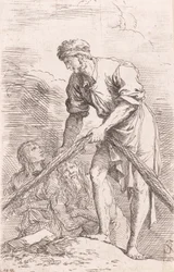 Mężczyzna ciągnący siatkę z dwiema postaciami za sobą z serii „Figurka”, ok. godz. ...,ok. 1656-1657.
