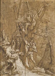 Oedipe leavene - Opuszczony Edyp, Rosa, Salvatore (1615-1673). Olej na drewnie. Wymiar : 65x45 cm. Muzeum Narodowe w Sztokholmie