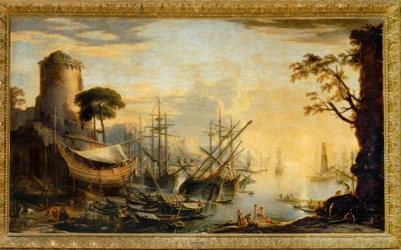 Port morski o zachodzie słońca