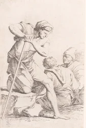 Dwóch mężczyzn siedzących i jeden trzymający laskę klęczący na skale, z seri..., ok. godz. 1656-1657.