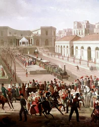 Inauguracja linii kolejowej między Neapolem a Portici w 1839 w obecności króla Ferdynanda II (Inauguracja linii kolejowej między Neapolem a Portici w 1839) Szczegół - Obraz Salvatore Fergola (1799-1877) Museo Nazionale di San Martino Nap