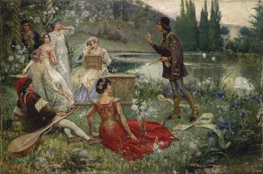 Dekameron par Salvatore Postiglione (1861-1906). Olej na płótnie, format : 100x151