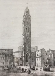Dzwonnica katedry Gaeta, Lazio, Włochy, litografia Salvatore Puglia według rysunku Pasquale Mattei (1813-1879), z Poliorama Pittoresco, nr 48, 6 lipca