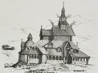 Borgund Stavkirke, Norwegia, litografia Salvatore Puglia z Poliorama Pittoresco, nr 40, 14 maja