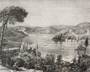 Zamki nad Bosforem na wybrzeżach Azji i Europy, Turcja, litografia Gaetano Riccio z Poliorama Pittoresco, nr 18, 9 grudnia
