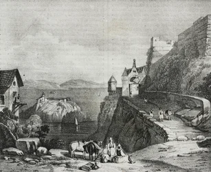 Zamek Parga, Albania, litografia Salvatore Puglia z Poliorama Pittoresco, nr 9, 9 października