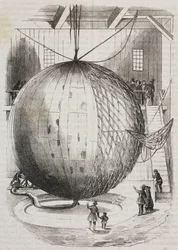 Miedziany balon na ogrzane powietrze wynaleziony przez Edmonda Marey-Monge, Francja, litografia Salvatore Puglia z Poliorama Pittoresco, nr 41, 18 maja