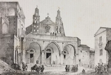 Fasada katedry Sessa Aurunca, Kampania, Włochy, litografia Salvatore Puglia według rysunku Pasquale Mattei (1813-1879) z Poliorama Pittoresco, nr 42, 24 maja