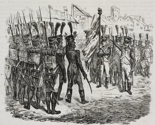 Flaga 84. pułku, litografia Salvatore Puglia z Historii Napoleona Cesare Malpica (1804-1848), z Poliorama Pittoresco, n 16, 25 listopada