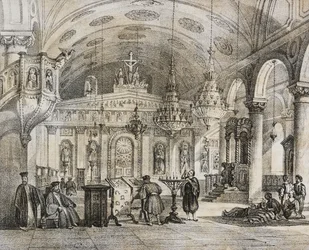 Wnętrze greckiego kościoła Baloukli, niedaleko Konstantynopola, Turcja, litografia Salvatore Puglia z Poliorama Pittoresco, nr 28, 15 lutego