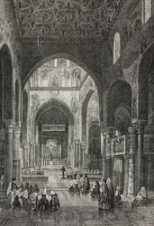 Wnętrze Kaplicy Palatyńskiej w Palazzo dei Normanni lub Pałacu Królewskiego w Palermo, Sycylia, Włochy, litografia Salvatore Puglia z Poliorama Pittoresco, nr 41, 21 maja