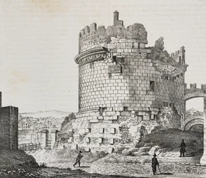 Mauzoleum Cecylii Metelli przy Via Appia, Rzym, Lacjum, Włochy, litografia Salvatore Puglia z Poliorama Pittoresco, nr 20, 21 grudnia