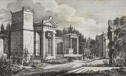 Cmentarz Pere-Lachaise, Paryż, Francja, litografia Salvatore Puglia z Poliorama Pittoresco, nr 19, 17 grudnia