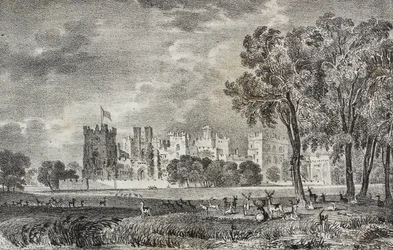 Raby Castle, Durham, Anglia, Wielka Brytania, litografia Salvatore Puglia z Poliorama Pittoresco, n 42, 27 maja