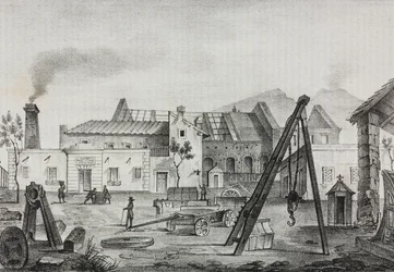 Royal Mechanical Factory (Royal Mechanical Factory) em Pietrarsa, Campania, Itália, litografia de Gaetano Riccio de Poliorama Pittoresco, n 39, 7 de maio polonês