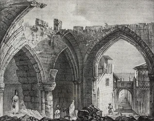 Ruiny wzdłuż ulicy Rycerzy, miasto Rodos, Grecja, litografia Salvatore Puglia z Poliorama Pittoresco, nr 3, 27 sierpnia