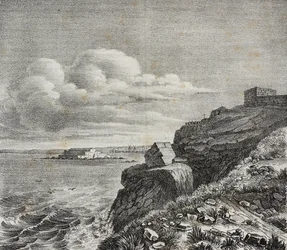 Grób Francois-Rene de Chateaubrianda w Saint-Malo, Francja, litografia Gaetano Riccio z Poliorama Pittoresco, nr 32, 18 marca