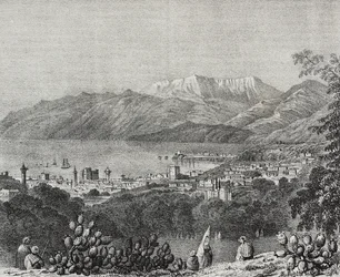 Widok Bejrutu i pasma Mount Lebanon, Liban, litografia Salvatore Puglia z Poliorama Pittoresco, nr 8, 1 października