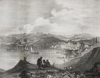 Widok Korfu z góry Oliveto, Wyspy Jońskie, Grecja, litografia Salvatore Puglia z Poliorama Pittoresco, nr 25, 25 stycznia