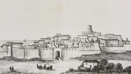 Widok Crotone, Kalabria, Włochy, litografia Salvatore Puglia z Poliorama Pittoresco, nr 12, 26 października