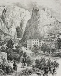 Widok Fontaine-de-Vaucluse, Francja, litografia Sardi z Poliorama Pittoresco, nr 51, 30 lipca