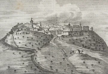 Widok Montefuscolo, dziś Montefusco, Kampania, Włochy, litografia Salvatore Puglia z Poliorama Pittoresco, n 41, 20 maja