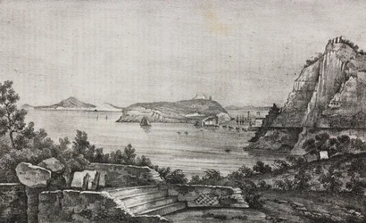 Widok Posillipo z tarasu prałata Di Pietro, Kampania, Włochy, litografia Salvatore Puglia z Poliorama Pittoresco, nr 32, 16 marca