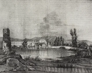 Widok fabryki i kościoła Santa Restituta nad brzegiem rzeki Fibreno w Cornello, Lazio, Włochy, litografia Salvatore Puglia według rysunku Raffaele Carellego, z Poliorama Pittoresco, nr 16, 26 listopada