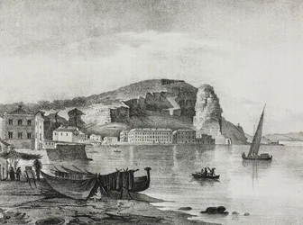Widok Terraciny, Lazio, Włochy, litografia Salvatore Puglia z Poliorama Pittoresco, nr 22, 8 stycznia