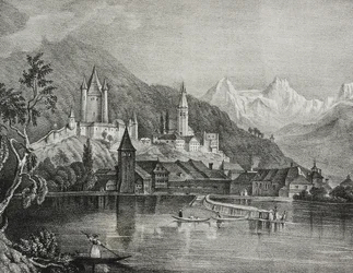 Widok Thun, kanton Berno, Szwajcaria, litografia Salvatore Puglia z Poliorama Pittoresco, n 35, 9 kwietnia