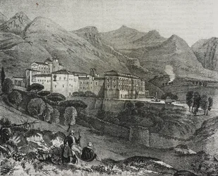 Widok klasztoru San Martino delle Scale niedaleko Palermo, Sycylia, Włochy, litografia Salvatore Puglia z Poliorama Pittoresco, n 47, 2 lipca