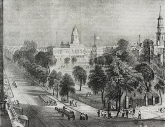 Vista do parque e da prefeitura de Nova York, Estados Unidos da América, litografia de Salvatore Puglia de Poliorama Pittoresco, n 24, 22 de janeiro polonês