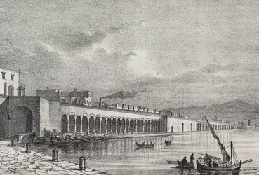 Widok linii kolejowej w Torre Annunziata, Kampania, Włochy, litografia Gaetano Riccio z Poliorama Pittoresco, nr 21, 31 grudnia