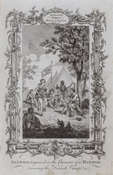 Alfred, przebrany za harfiarza, ogląda obóz duński (rycina)