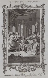 Alfred Wielki tworzący zbiór praw (grawerowanie)