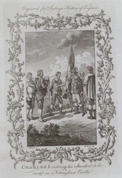 Karol I zleca wzniesienie swojego sztandaru na zamku Nottingham (rycina)