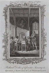 Richard Duke of Gloucester oskarżający królową Edwarda IV o czary (rycina)