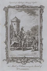 Dziewica Orleańska odbierająca miecz św. Katarzyny (rycina)